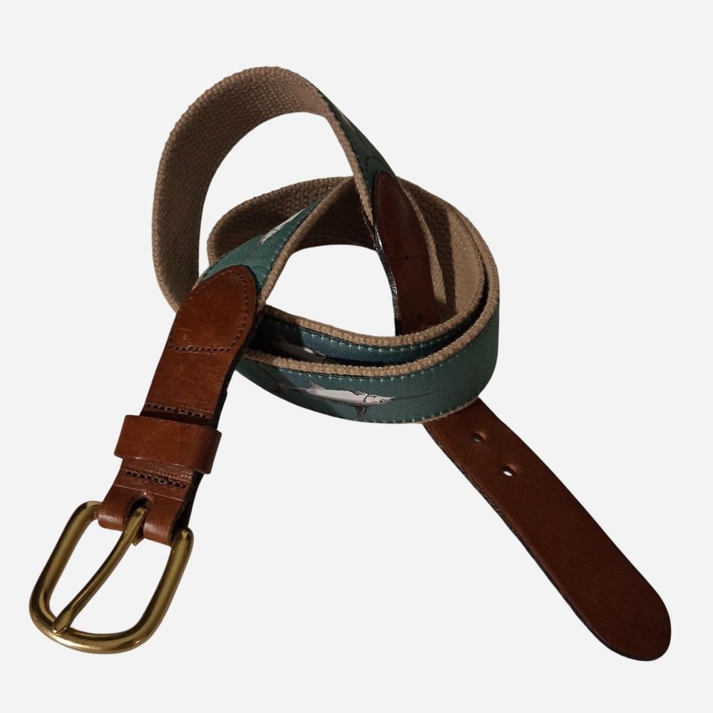 Mens green with brown leather belt fish graphic made in Essex CT Size 36
